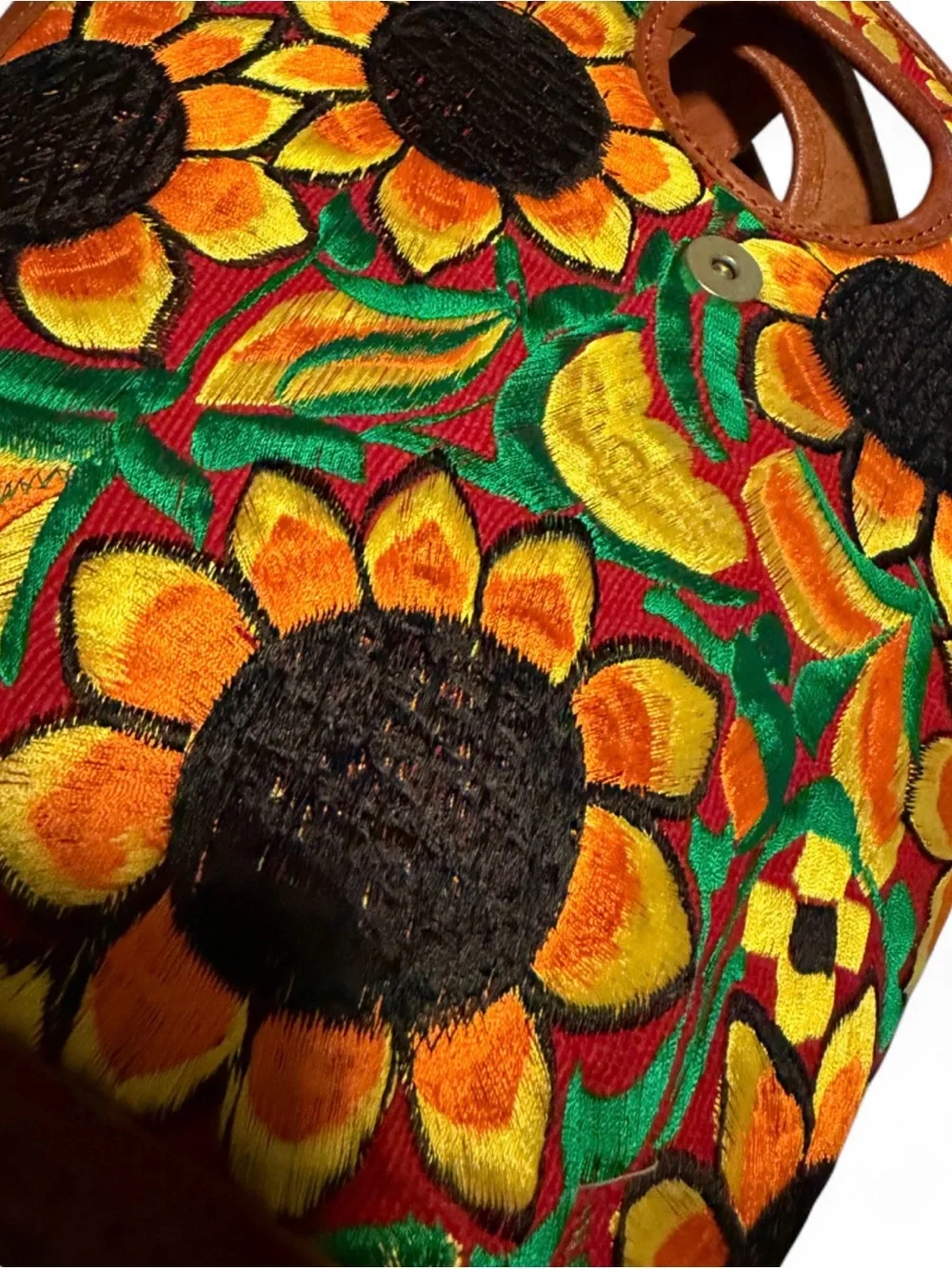 Hand-Embroidered Sunflower Crossbody Bag - Brown Trim